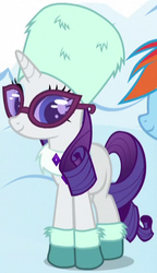 Size: 325x564 | Tagged: safe, screencap, rainbow dash, rarity, pony, unicorn, g4, tanks for the memories, boots, clothes, cropped, female, glasses, hat, mare, outfit catalog, solo focus