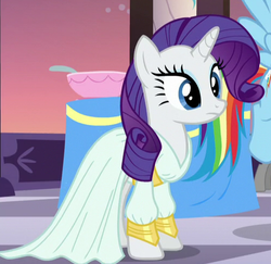 Size: 502x488 | Tagged: safe, screencap, rainbow dash, rarity, g4, rarity investigates, clothes, dress, outfit catalog