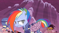 Size: 1280x720 | Tagged: safe, edit, edited screencap, screencap, pegasus, pony, g4, the cutie re-mark, alternate timeline, apocalypse dash, blind, clothes, crystal war timeline, discovery family logo, female, helmet, mare, mind control, scar, sombra soldier, torn ear, uniform