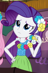 Size: 335x511 | Tagged: safe, screencap, fluttershy, rarity, equestria girls, g4, my little pony equestria girls: rainbow rocks, shake your tail, clothes, female, grass skirt, hula, hularity, lei, outfit catalog, skirt