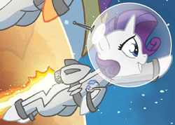 Size: 730x520 | Tagged: safe, idw, applejack, rarity, pony, unicorn, g4, spoiler:comic, astronaut, clothes, costume, horn, jetpack, outfit catalog, spacesuit