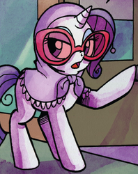 Size: 554x701 | Tagged: safe, idw, rarity, g4, spoiler:comic, clothes, costume, disguise, female, manehattan, outfit catalog, solo