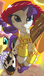 Size: 317x552 | Tagged: safe, idw, applejack, fluttershy, rarity, g4, spoiler:comic, bedroom eyes, clothes, cowgirl, cowgirl outfit, dale evans, jessie (toy story), outfit catalog, smiling, solo focus, the man with no name, toy story