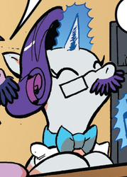 Size: 249x347 | Tagged: safe, idw, rarity, twilight sparkle, friendship is magic #26, g4, spoiler:comic, clerk, clothes, costume, magic, outfit catalog, telekinesis