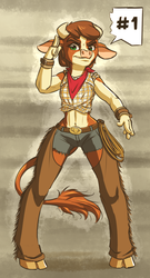 Size: 1568x2912 | Tagged: safe, artist:mykegreywolf, arizona (tfh), cow, anthro, unguligrade anthro, them's fightin' herds, abs, bandana, belly button, belt, chaps, clothes, cloven hooves, community related, daisy dukes, female, lasso, midriff, rope, shorts, solo