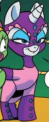 Size: 315x780 | Tagged: safe, idw, cheerilee, rarity, g4, spoiler:comic, spoiler:comic29, clothes, costume, diamante elegante, luchador, mask, mystery mare, outfit catalog, smirk, wrestling