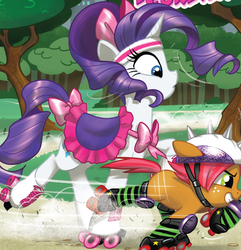 Size: 1842x1909 | Tagged: safe, idw, babs seed, rarity, g4, spoiler:comic, headband, helmet, outfit catalog, roller derby, roller skates, saddle