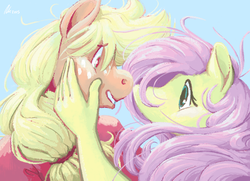 Size: 1280x929 | Tagged: safe, artist:rwl, applejack, fluttershy, anthro, g4, female, height difference, lesbian, looking at each other, ship:appleshy, shipping, touching face
