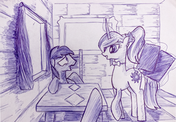 Size: 1075x750 | Tagged: safe, artist:inkygarden, princess celestia, g4, ballpoint pen, menu, monochrome, pointing, race swap, restaurant, sketch, surprised, traditional art