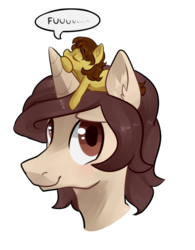 Size: 789x1012 | Tagged: safe, artist:goshhhh, oc, oc only, oc:deuterium, oc:mini, original species, pegasus, pony, unicorn, cute, diabetes, duo, eyes closed, looking up, male, mane, miniature pony, nap, pet, sleeping, sleeping on head, smiling, stallion, tiny ponies