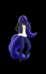 Size: 1239x2000 | Tagged: safe, artist:4as, nightmare moon, anthro, g4, clothes, female, grin, hand on hip, jacket, jeans, necklace, pants, simple background, solo, wink