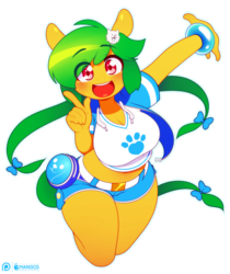 Size: 1009x1200 | Tagged: safe, artist:3mangos, oc, oc only, oc:mango, anthro, alternate hairstyle, big breasts, blue's clues, breasts, busty oc, clothes, cute, female, looking at you, mango, patreon, patreon logo, paw print, plump, smiling, socks, solo, thigh highs, undertale