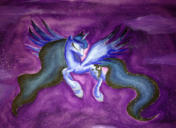 Size: 3264x2375 | Tagged: safe, artist:ask-theponyqueen, princess luna, g4, eyes closed, female, flying, high res, solo, stars, traditional art, watercolor painting