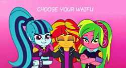 Size: 600x324 | Tagged: safe, artist:php198, lemon zest, sonata dusk, sunset shimmer, equestria girls, g4, bronybait, eyes closed, smiling, waifu