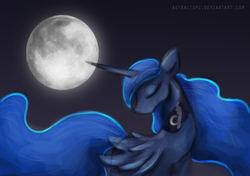 Size: 1137x800 | Tagged: safe, artist:astralispl, princess luna, g4, eyes closed, female, moon, night, solo