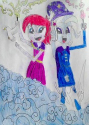 Size: 539x758 | Tagged: safe, artist:hakdurbin, fuchsia blush, trixie, equestria girls, g4, background human, best friends, magic, traditional art