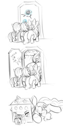 Size: 581x1172 | Tagged: safe, artist:alloyrabbit, apple bloom, diamond tiara, scootaloo, sweetie belle, earth pony, pony, g4, comic, cutie mark crusaders, dialogue, giant pony, house, imminent vore, it's a trap, macro, monochrome, sketch, this will end in tears and/or death, trick or treat