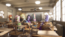 Size: 1920x1080 | Tagged: safe, artist:creatorofpony, artist:varcon, applejack, fluttershy, rainbow dash, rarity, sunset shimmer, twilight sparkle, equestria girls, g4, 3d, boots, classroom, clothes, equestria girls in real life, school, shoes, socks, twilight sparkle (alicorn)