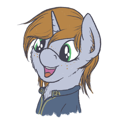 Size: 600x647 | Tagged: safe, artist:sandwichdelta, oc, oc only, oc:littlepip, pony, unicorn, fallout equestria, chest fluff, clothes, cute, ear fluff, excited, fallout, fanfic, fanfic art, female, freckles, happy, horn, jumpsuit, mare, ocbetes, open mouth, pipabetes, portrait, simple background, smiling, solo, teeth, vault suit, white background