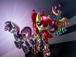 Size: 1600x1200 | Tagged: safe, artist:studlyhorn, apple bloom, scootaloo, sweetie belle, g4, armor, badass, clothes, cutie mark crusaders, epic, group, older, raised hoof, the cmc's cutie marks, trio