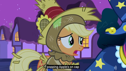 Size: 854x480 | Tagged: safe, screencap, applejack, twilight sparkle, earth pony, pony, g4, luna eclipsed, clothes, cosplay, costume, female, mare, meme, nightmare night, nightmare night costume, star swirl the bearded costume, twilight the bearded, youtube caption