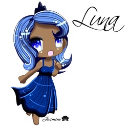 Size: 500x500 | Tagged: safe, artist:jasmine-lotus, princess luna, human, g4, chibi, clothes, cute, dark skin, dress, female, humanized, lunabetes, s1 luna, simple background, solo