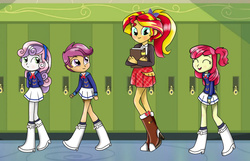 Size: 1108x714 | Tagged: safe, artist:foxxy00candy, apple bloom, scootaloo, sunset shimmer, sweetie belle, equestria girls, g4, adorabloom, aikatsu!, anime, boots, bow, clothes, crossover, cute, cutealoo, cutie mark crusaders, diasweetes, hair bow, ponytail, ribbon, school uniform, shimmerbetes, skirt, skirtaloo, socks