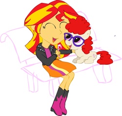 Size: 832x793 | Tagged: safe, artist:newportmuse, sunset shimmer, twist, equestria girls, g4, bench, candy, cute, filly, shimmerbetes, sitting, smiling, twistabetes