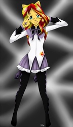 Size: 553x960 | Tagged: safe, artist:roxiethederp, sunset shimmer, equestria girls, g4, clothes, cosplay, costume, crossover, female, homura akemi, humanized, looking at you, puella magi madoka magica, signature, solo, tongue out