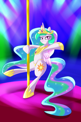 Size: 4000x6000 | Tagged: safe, artist:wilshirewolf, princess celestia, alicorn, pony, g4, absurd resolution, bedroom eyes, bipedal, clothes, female, panties, pole dancing, smiling, solo, stage, stripper, stripper pole, underwear, yellow underwear