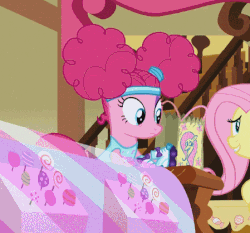 Size: 449x418 | Tagged: safe, screencap, fluttershy, pinkie pie, g4, scare master, animated, bag, candy, clothes, costume, female, frown, lollipop, nightmare night costume, pinkie puffs, reaction, roller skates, sugarcube corner, wide eyes