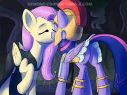 Size: 717x538 | Tagged: dead source, safe, artist:grissaecrim, fluttershy, twilight sparkle, alicorn, pegasus, pony, g4, scare master, season 5, armor, armor skirt, athena sparkle, butt, clothes, costume, dock, duo, duo female, female, kiss on the lips, kissing, lesbian, mare, nightmare night, plot, ship:twishy, shipping, skirt, skirt lift, technically an upskirt shot, twibutt, twilight sparkle (alicorn), watermark