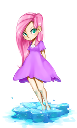 Size: 1114x1838 | Tagged: safe, artist:glacierclear, fluttershy, human, g4, barefoot, blushing, clothes, dress, feet, female, humanized, looking at you, solo, water