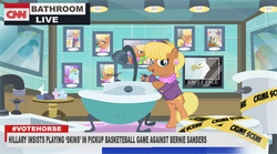 Size: 1135x630 | Tagged: safe, artist:pixelkitties, mayor mare, ms. harshwhinny, prince blueblood, eagle, g4, bathroom, bathtub, cable news network, claw foot bathtub, cnn, motivational poster, police tape, sink, toilet, votehorse