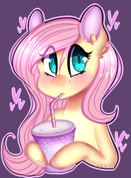 Size: 2000x2700 | Tagged: safe, artist:bunxl, fluttershy, pegasus, pony, g4, blushing, bust, colored pupils, cute, drinking, drinking straw, female, heart, heart eyes, high res, holding, looking at you, mare, portrait, shyabetes, soda, solo, wingding eyes
