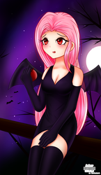 Size: 1103x1906 | Tagged: safe, artist:vanillafox2035, fluttershy, bat pony, human, g4, scare master, apple, blushing, cleavage, clothes, costume, dress, evening gloves, fake flutterbat, fangs, female, flutterbat, flutterbat costume, gloves, humanized, moon, night, nightmare night costume, open mouth, socks, solo, thigh highs
