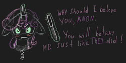 Size: 817x407 | Tagged: safe, artist:ambronymous, sweetie belle, pony, unicorn, g4, /mlp/, angry, blushing, collar, female, filly, implied anon, knife, levitation, magic, sketch, slave, solo, telekinesis, text, threat