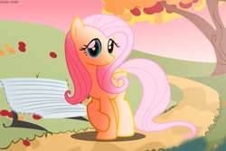 Size: 1440x960 | Tagged: safe, artist:asika-aida, fluttershy, g4, bench, female, solo, sunset