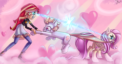 Size: 3804x2000 | Tagged: safe, artist:discorded, fluttershy, sunset shimmer, oc, oc:star farer, pegasus, equestria girls, g4, clothes, fight, glasses, heart, high res, husbando, leather jacket, pulling, signature, tug of war, waifu
