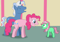 Size: 1024x711 | Tagged: safe, artist:allonsbro, minty, pinkie pie, pokey pierce, g3, g4, female, g3 to g4, generation leap, laughing, male, next generation, offspring, parent:pinkie pie, parent:pokey pierce, parents:pokeypie, ship:pokeypie, shipping, story included, straight