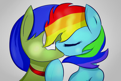 Size: 1200x800 | Tagged: safe, artist:artzee, rainbow dash, oc, oc:amber wing, g4, canon x oc, collar, forced, kissing, shipping, shocked