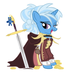 Size: 1000x1069 | Tagged: safe, artist:pixelkitties, trixie, pony, unicorn, ursa minor, g4, alternate hairstyle, anna (fire emblem), clothes, costume, female, fire emblem, fire emblem awakening, lidded eyes, mare, nightmare night, open mouth, simple background, solo, sword, transparent background