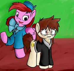 Size: 1700x1613 | Tagged: safe, artist:parassaux, oc, oc only, oc:blue blazer, oc:gadgette fabienne giroux, earth pony, pegasus, pony, fanfic:the iron horse: everything's better with robots, clothes, coat, crying, fanfic art, glasses, scarf