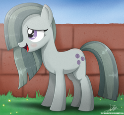 Size: 1871x1742 | Tagged: safe, artist:the-butch-x, marble pie, earth pony, pony, g4, blushing, brick wall, cute, female, frown, grass, hair over one eye, marblebetes, mare, open mouth, solo