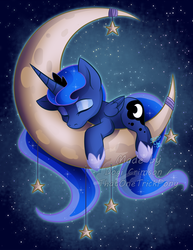 Size: 637x825 | Tagged: safe, artist:dogi-crimson, artist:sky-railroad, princess luna, g4, crescent moon, cute, eyes closed, female, filly, lunabetes, moon, prone, sleeping, solo, tangible heavenly object, transparent moon, watermark, woona, younger