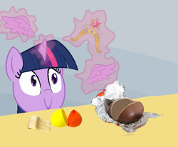 Size: 542x447 | Tagged: safe, twilight sparkle, alicorn, pony, g4, big crown thingy, element of magic, evil, exploitable meme, female, mare, meme, spilled milk, twilight sparkle (alicorn), twilight's kinder egg, wings