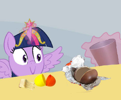 Size: 542x447 | Tagged: safe, twilight sparkle, alicorn, pony, g4, big crown thingy, element of magic, evil, exploitable meme, female, kinder egg, mare, meme, solo, spilled milk, trash can, twilight sparkle (alicorn), twilight's kinder egg, wings