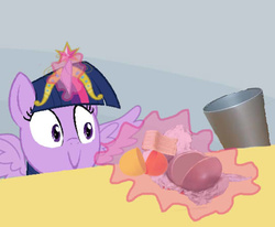 Size: 542x447 | Tagged: safe, twilight sparkle, alicorn, pony, g4, big crown thingy, element of magic, evil, exploitable meme, female, kinder egg, mare, meme, solo, spilled milk, trash can, twilight sparkle (alicorn), twilight's kinder egg, wings