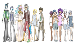 Size: 3401x1985 | Tagged: safe, artist:yuntaoxd, derpy hooves, discord, doctor whooves, double diamond, night glider, party favor, princess celestia, queen chrysalis, starlight glimmer, sugar belle, time turner, changeling, human, g4, clothes, dark skin, dress, equal four, equalized, humanized, s5 starlight, staff, staff of sameness