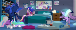 Size: 10000x4000 | Tagged: safe, artist:ponyecho, princess cadance, princess celestia, princess luna, twilight sparkle, alicorn, pony, g4, absurd resolution, alicorn tetrarchy, bed, bedroom, cute, cutedance, cutelestia, eyes closed, face down ass up, female, grin, horn, horn impalement, levitation, lunabetes, magic, mare, missing accessory, open mouth, pillow fight, raised hoof, show accurate, smiling, spread wings, telekinesis, throwing, true love princesses, twiabetes, twilight sparkle (alicorn), twilunestiance, wink